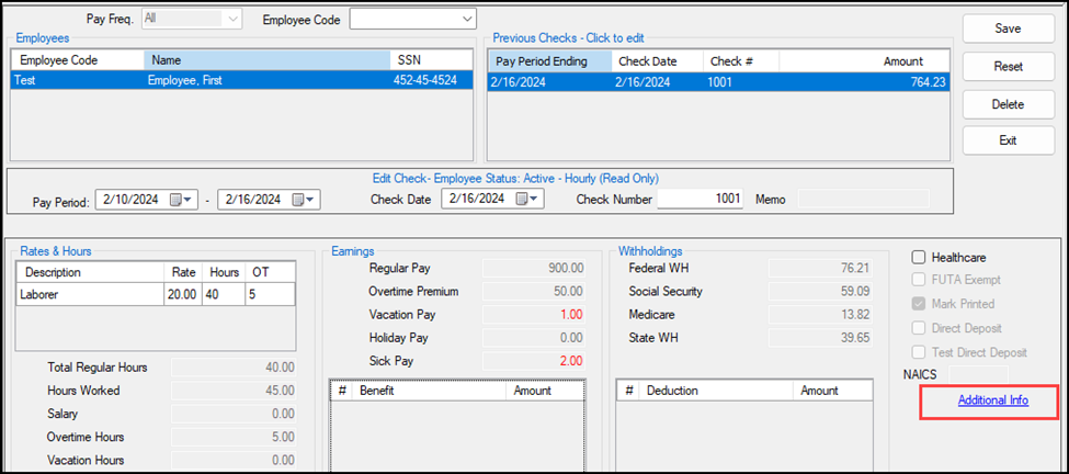Image showing the additional info link on employee payroll.